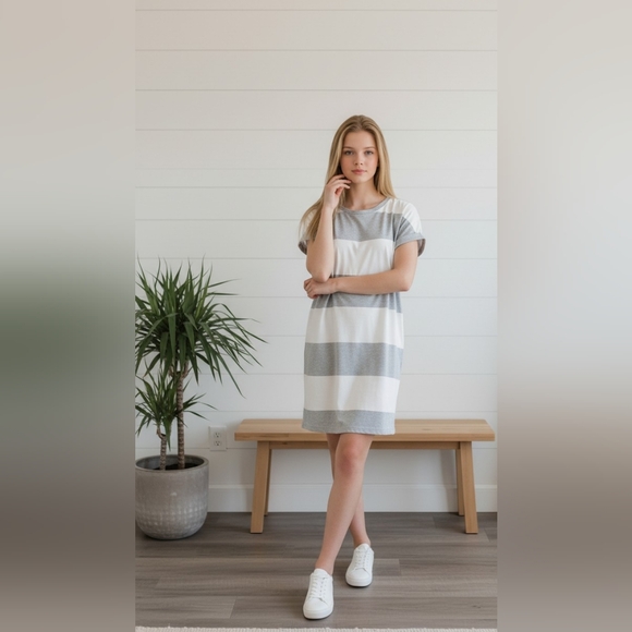 Striped Gray and White T-Shirt Dress - Picture 3 of 9